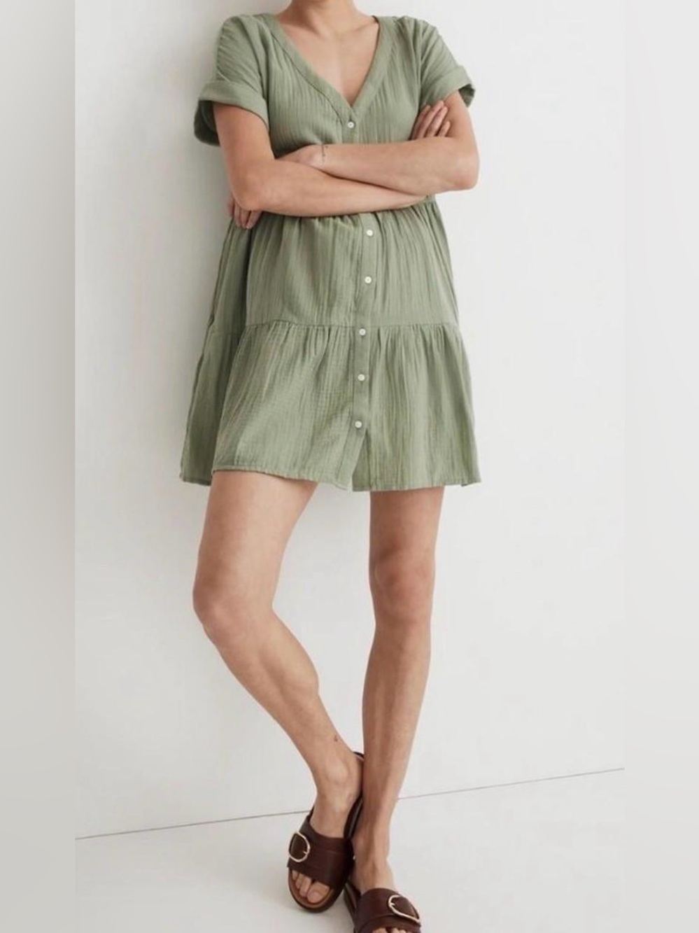 New Madewell Lightspun Cuff Sleeve Button Front Tiered Mini Dress Green Sz L